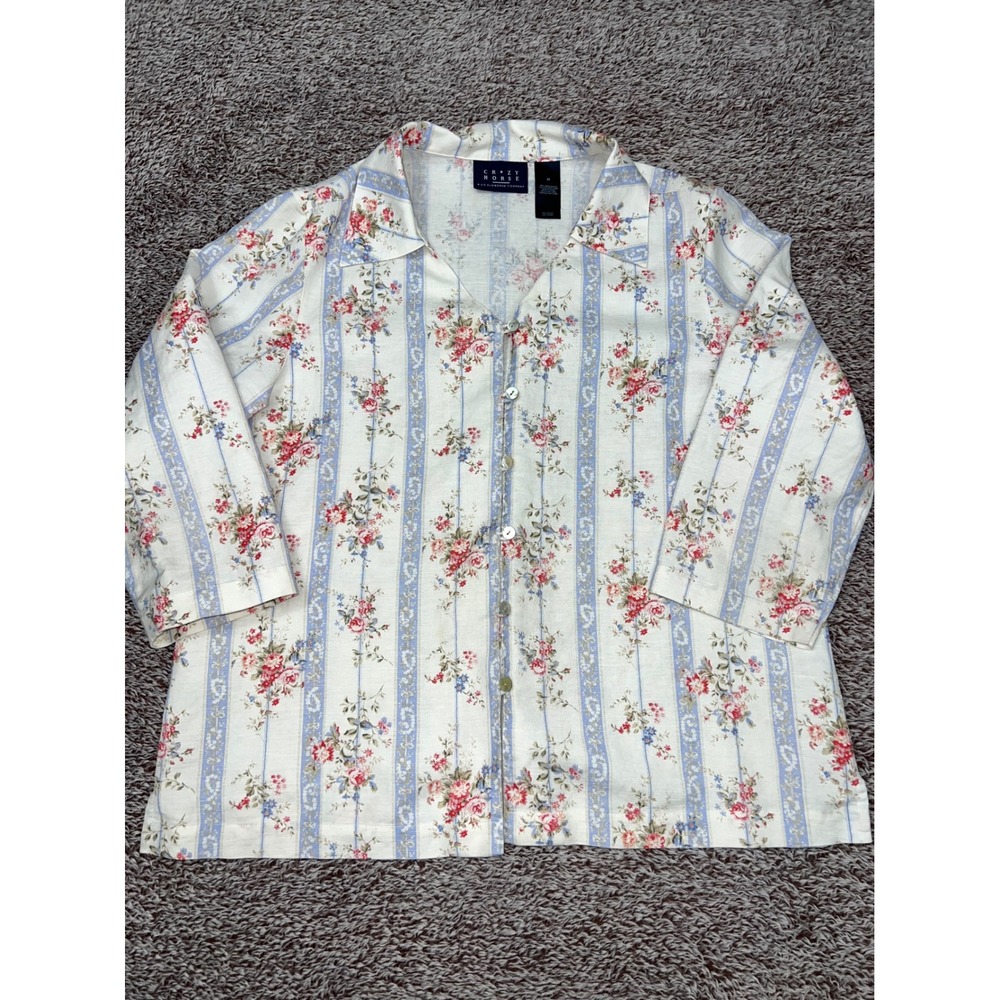 Crazy Horse Liz Claiborne Women's M Linen Rayon Floral 3/4 Sleeve Shirt